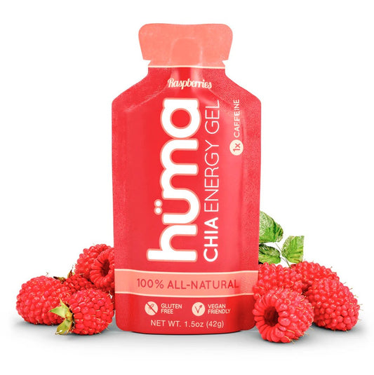 A packet of Huma Plus Gel energy gel in red color, with the text '100% All-Natural' and images of raspeberries on either side of the packet.