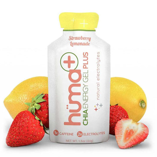A packet of Huma Plus Gel in Strawberry Lemonade flavor, with an image of a strawberry, lemon, and slice of lemon in the background.