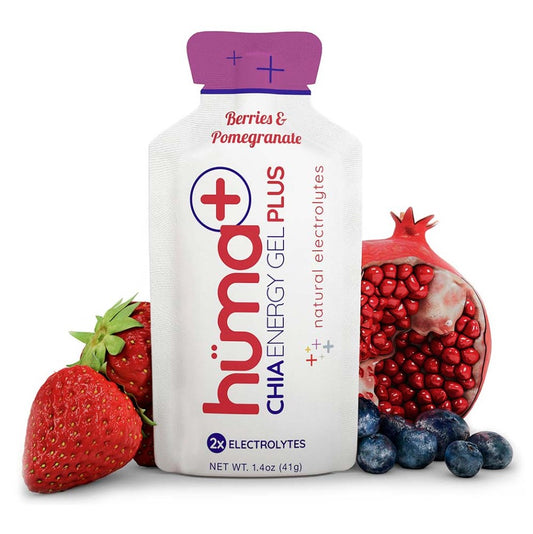 A packet of Huma Plus Gel with a plus sign on it, labeled 'Berries & Pomegranate', with an image of a pomegranate, blueberries, and a strawberry to the side.