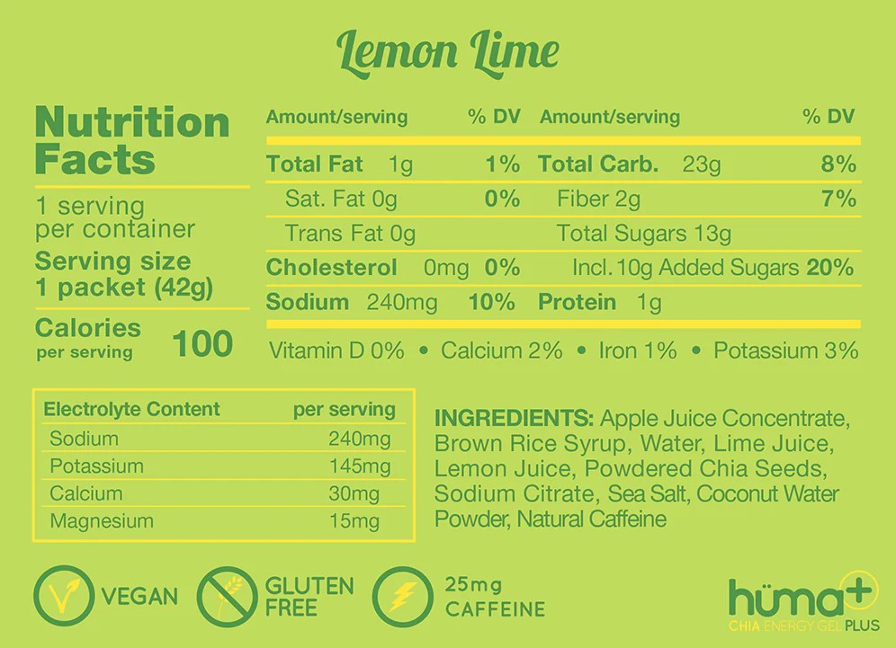 Nutrition label for Lemon Lime Huma Gel