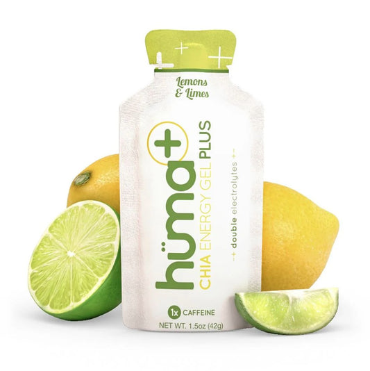 A packet of Huma Plus running gel in Lemons & Limes flavor, with an image of a lemon, and slice of lemon in the background.