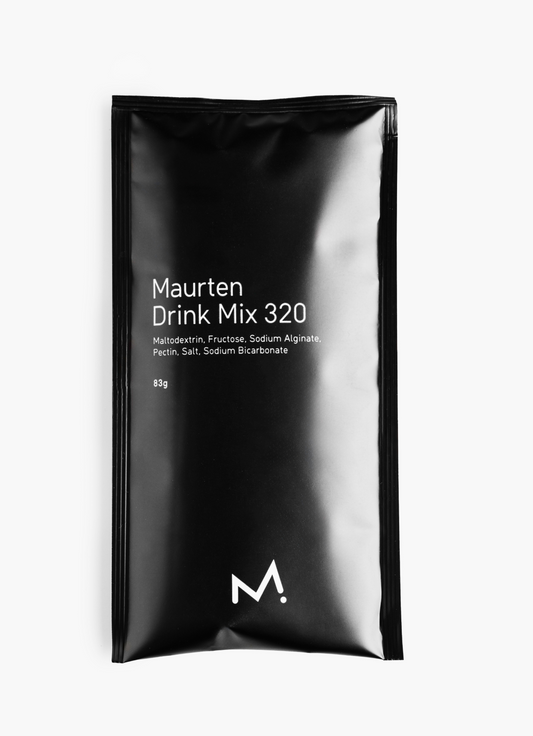 A single packet of Maurten Fuel Drink Mix 320, primarily in black color with white text detailing the product name and calories.
