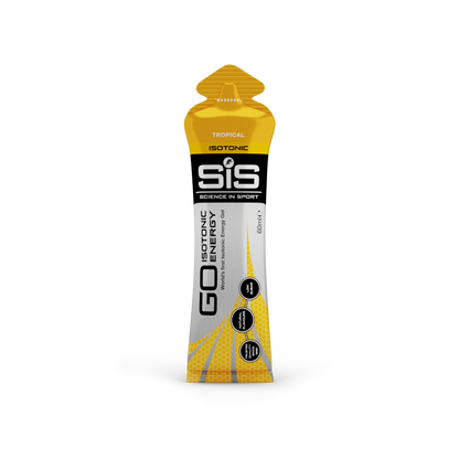 Yellow and black energy gel package with 'Science in Sport' branding on a white background