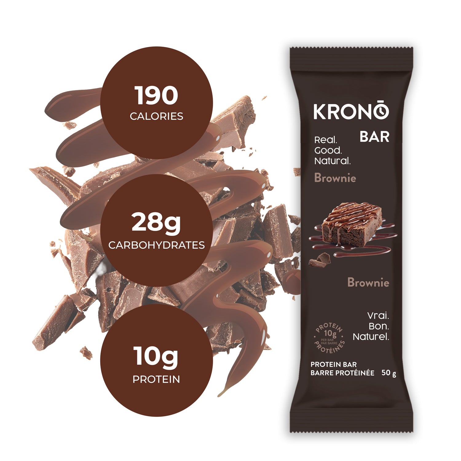 Picture of Brownie Krono Bar with chocolate and nutrition facts in the background.