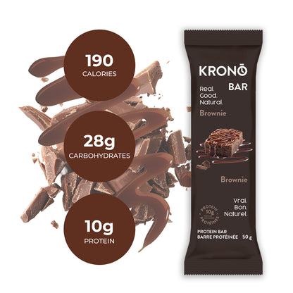 Picture of Brownie Krono Bar with chocolate and nutrition facts in the background.