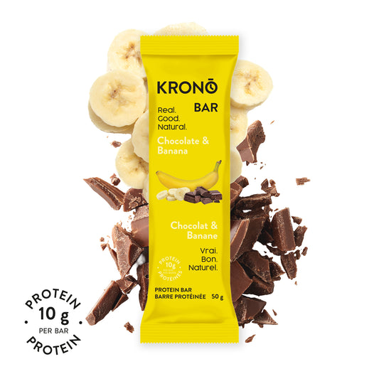 A Krono Nutrition Protein Bar in yellow packaging with images of chocolate pieces and banana slices, indicating the flavor of the bar.