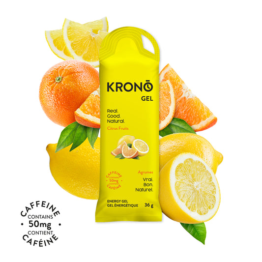 Picture of Krono Citrus gel with a picture of oranges and lemons in the background.