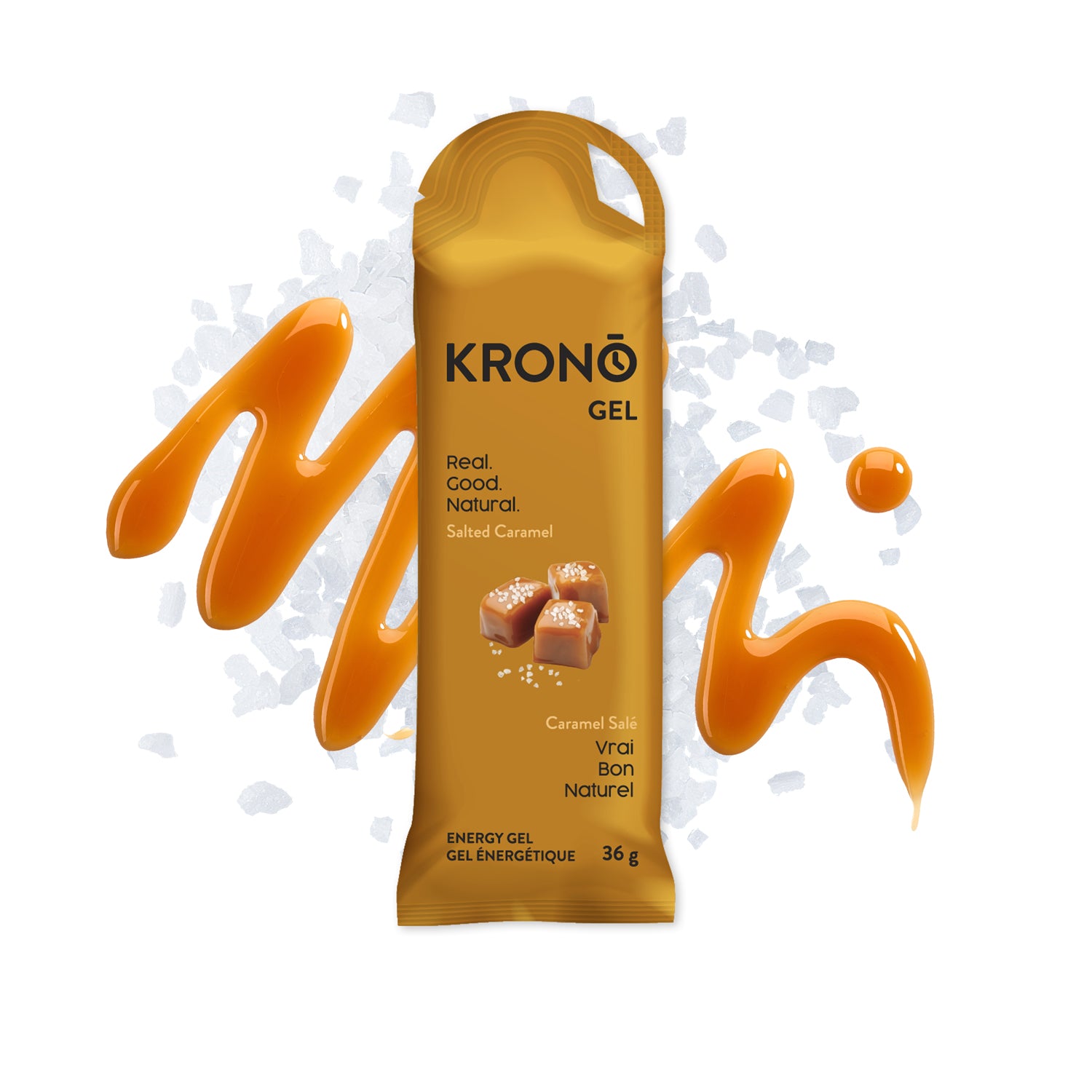 A packet of Krono Nutrition energy gel with a2D design, salted caramel flavor, and a splash of caramel syrup and salt.