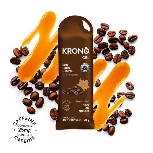 Picture of Krono Maple Coffee gel with a a picture of maple syrup and coffee beans in the background.