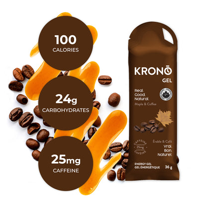 Picture of Krono Maple Coffee gel with a a picture of maple syrup and coffee beans in the background and nutrition info in brown-coloured circles.