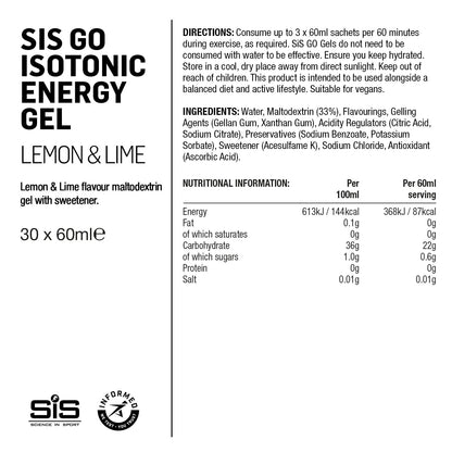 Label of SIS Go Isotonic Energy Gel for lemon and lime flavor with nutritional information and directions.