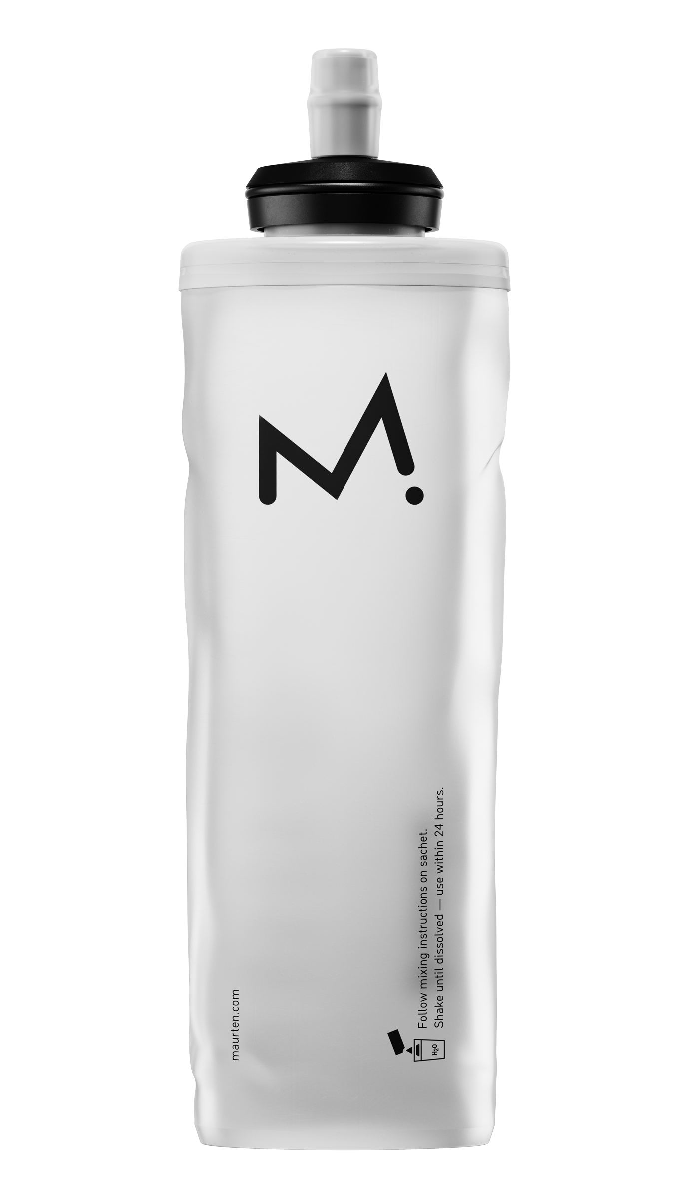 White Maurten Drinkflask 550 ml water bottle with black cap and logo on a white background sold at Fuel Kit