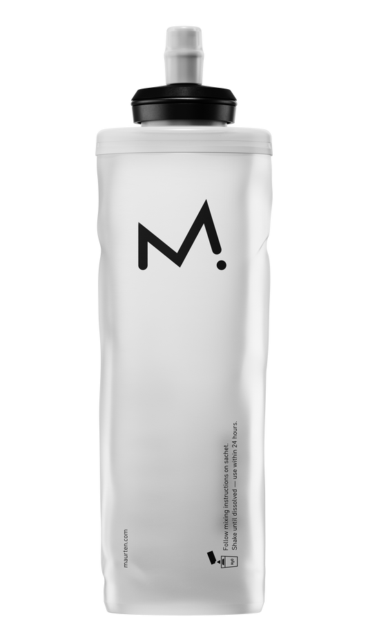 White Maurten Drinkflask 550 ml water bottle with black cap and logo on a white background sold at Fuel Kit