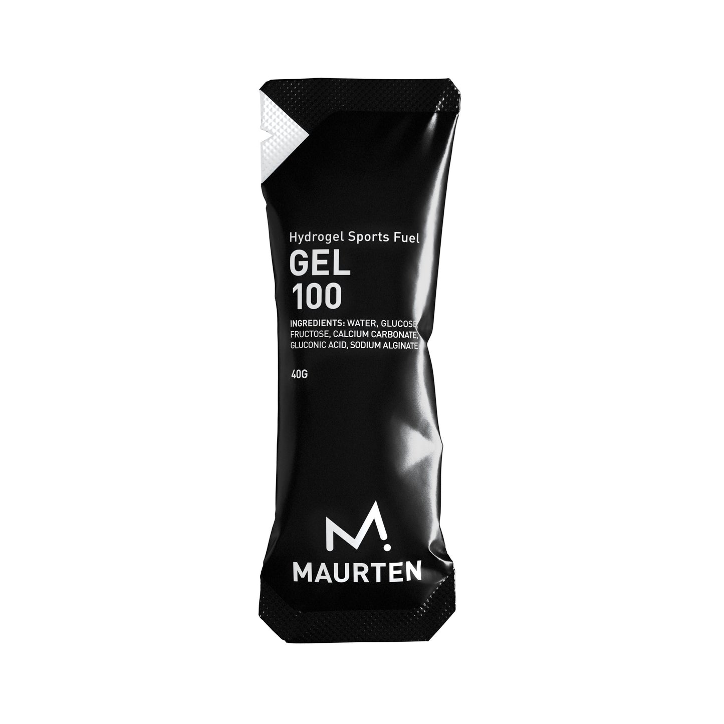 A packet of Maurten Gel 100, primarily black in color with white and red text, labeled as 'Hydration Sports Fuel'.