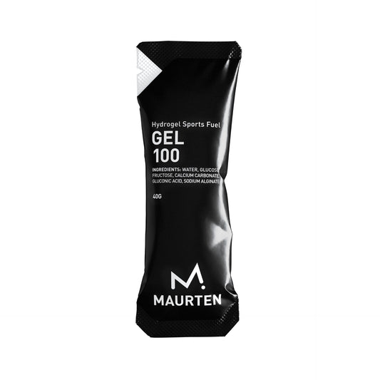 A packet of Maurten Gel 100, primarily black in color with white and red text, labeled as 'Hydration Sports Fuel'.