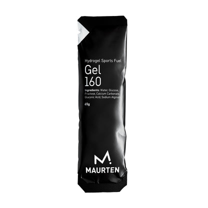 A single packet of Maurten Gel 160, which is a black and white package labeled with the brand's logo and product information.