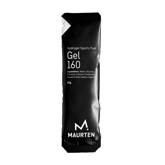 A single packet of Maurten Gel 160, which is a black and white package labeled with the brand's logo and product information.