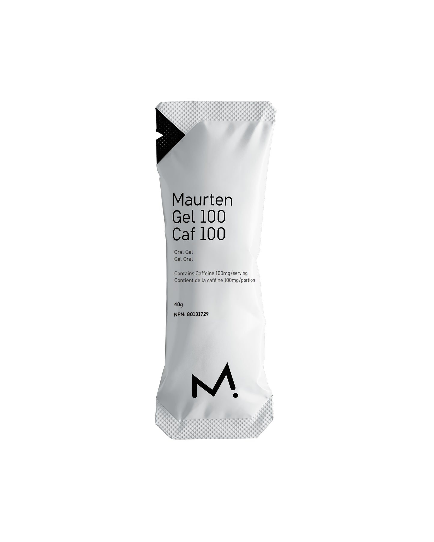 Maurten Gel 100 Caf 100 packet on a clean white background, showcasing one of Fuel Kits’ available products that provide performance-focused energy and caffeine fueling