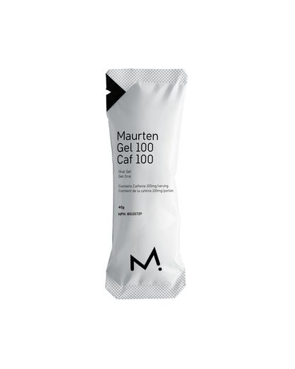 Maurten Gel 100 Caf 100 packet on a clean white background, showcasing one of Fuel Kits’ available products that provide performance-focused energy and caffeine fueling
