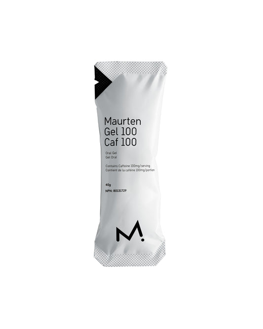 Maurten Gel 100 Caf 100 packet on a clean white background, showcasing one of Fuel Kits’ available products that provide performance-focused energy and caffeine fueling