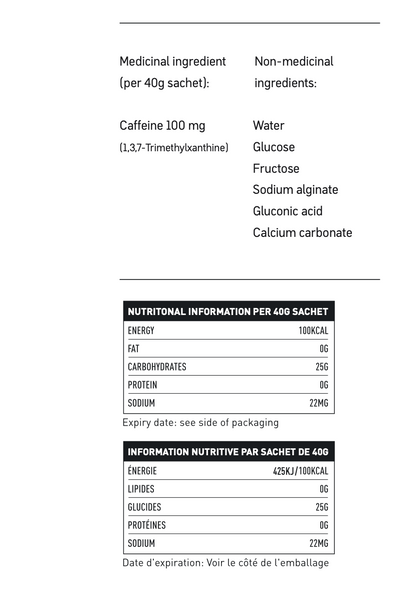 Maurten Gel 100 Caf 100 nutritional information and ingredient list on a white background- available on Fuel Kit website