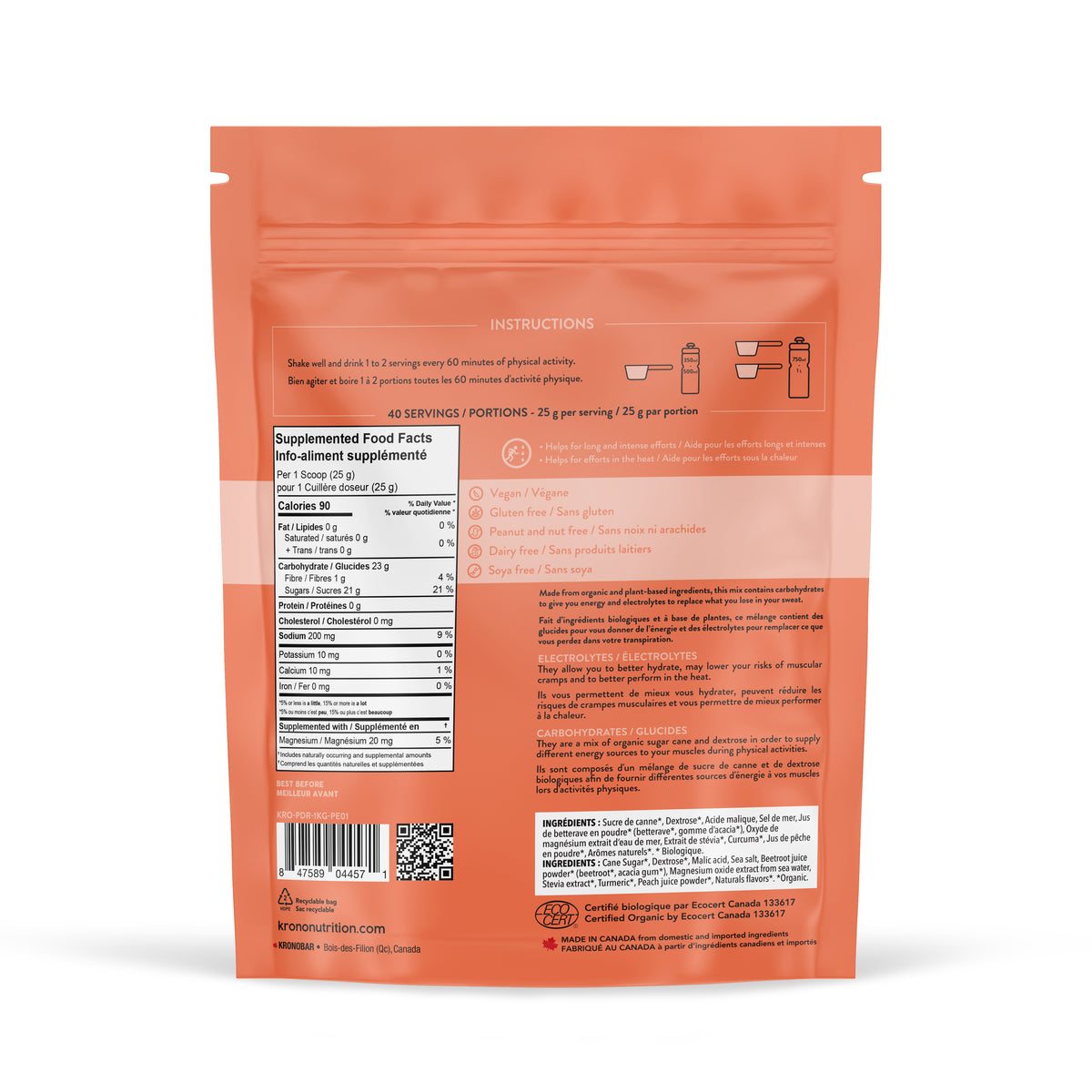 Back of package of Krono Lytes Peach Supplemented Food Facts | Fuel Kit