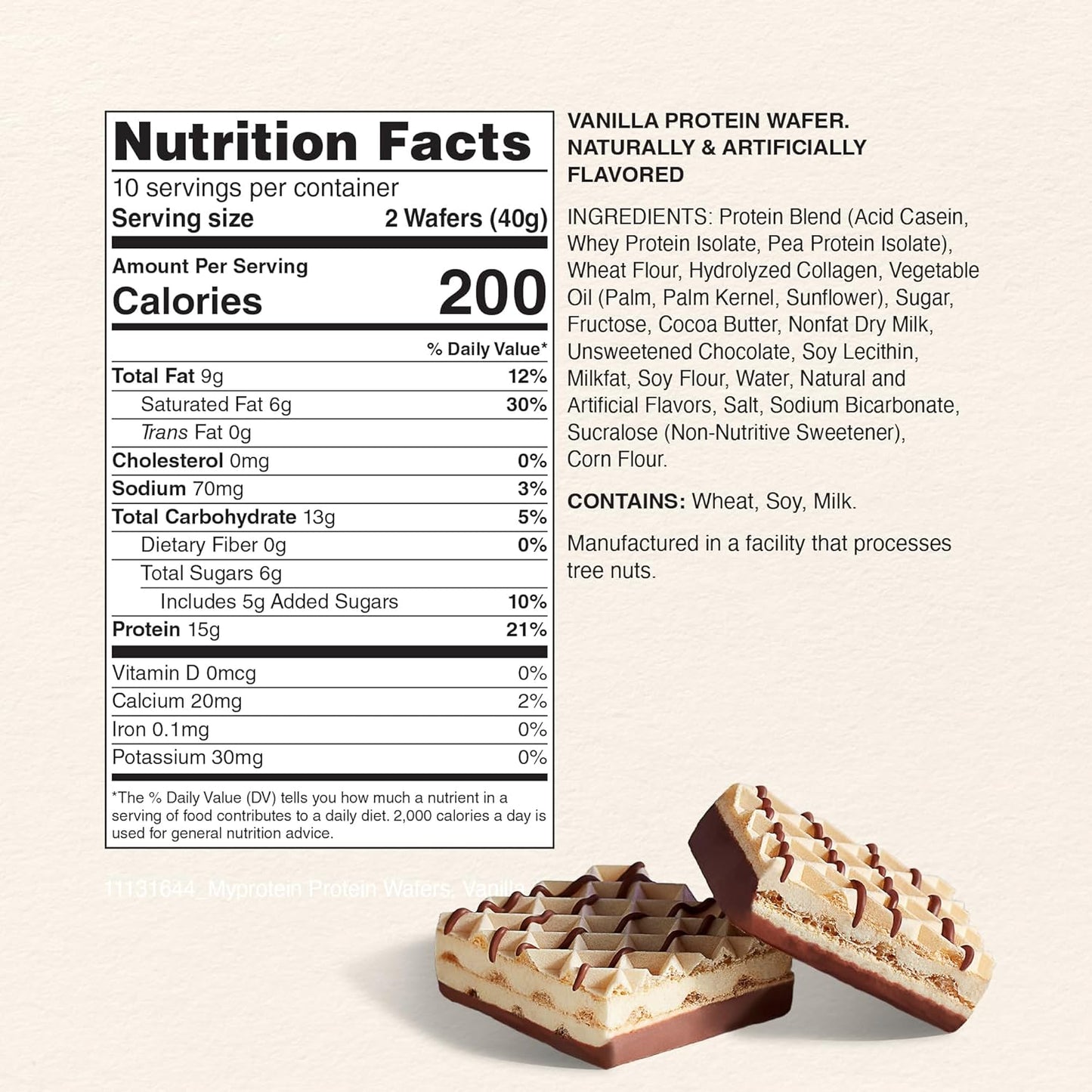Nutrition Facts for MyProtein Protein Wafer bar in Vanilla available at Fuel Kit