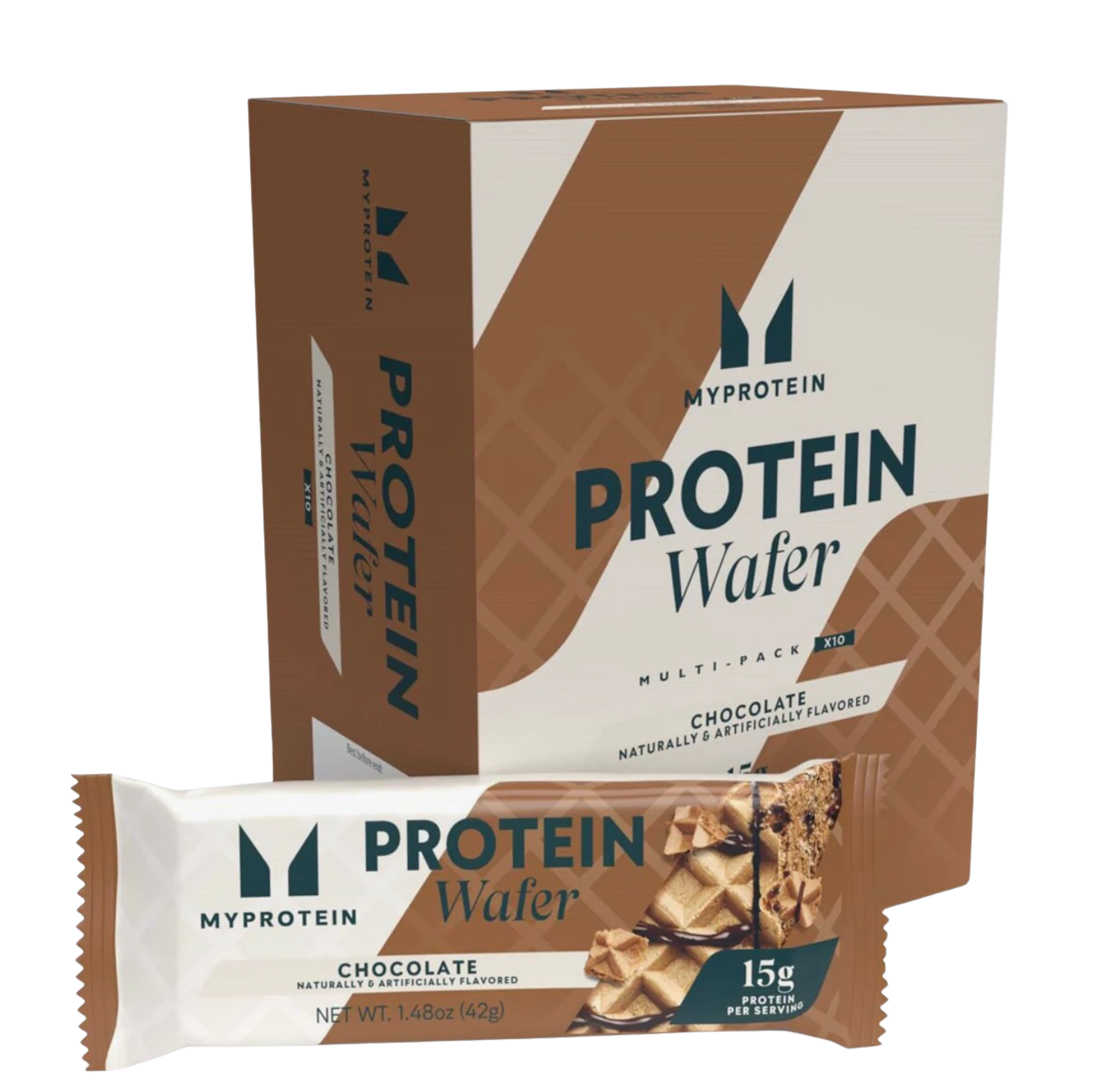 MyProtein Chocolate Protein Wafer box with a single wafer bar displayed in front available at Fuel Kit.