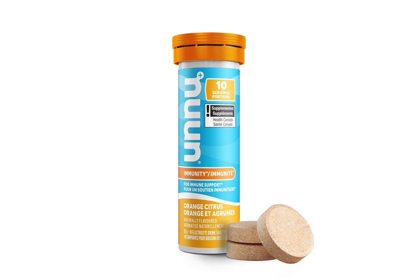 Nuun Immunity Supplement container with orange cap and blue label on a white background