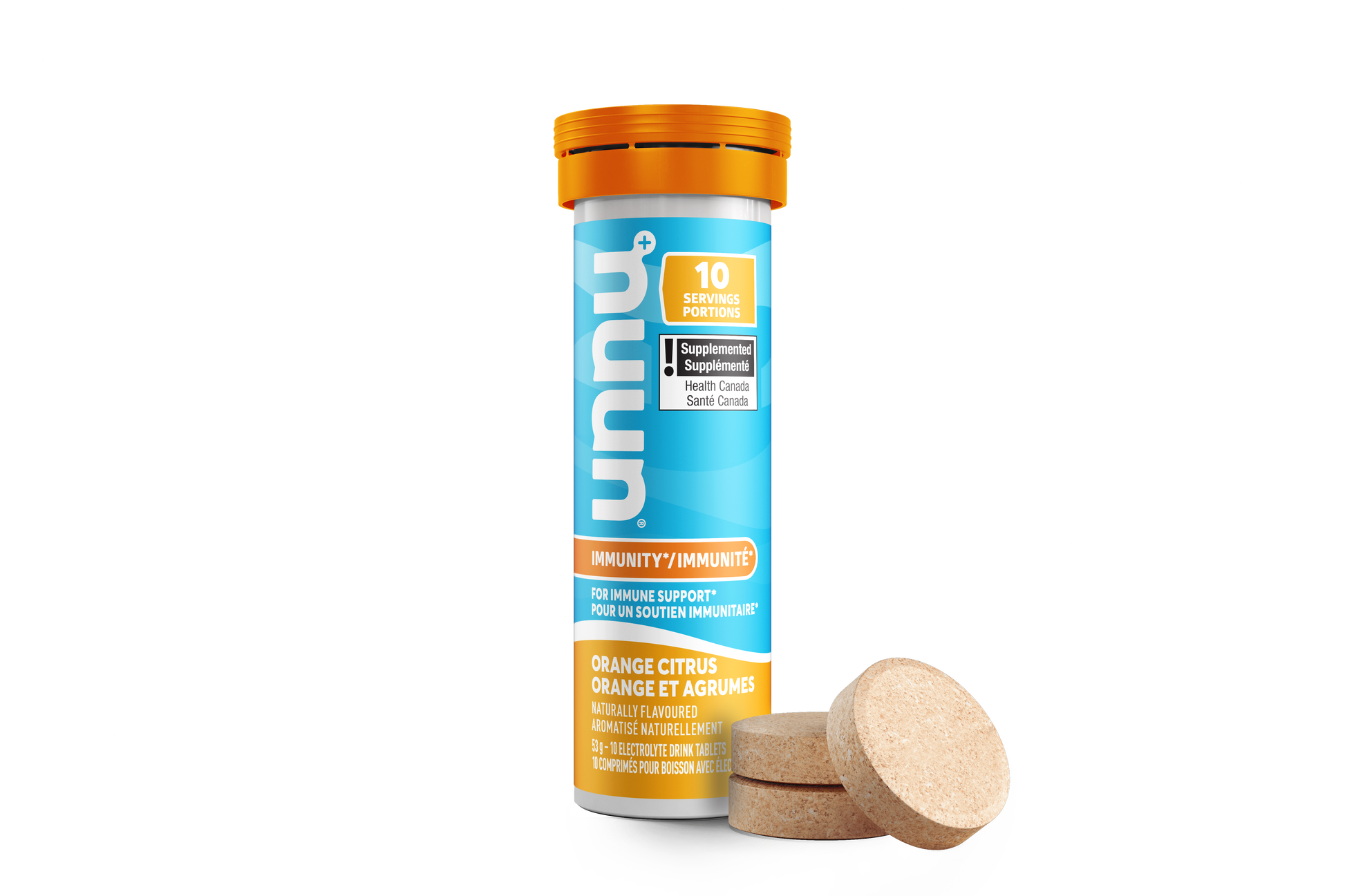 Nuun Immunity Supplement container with orange cap and blue label on a white background