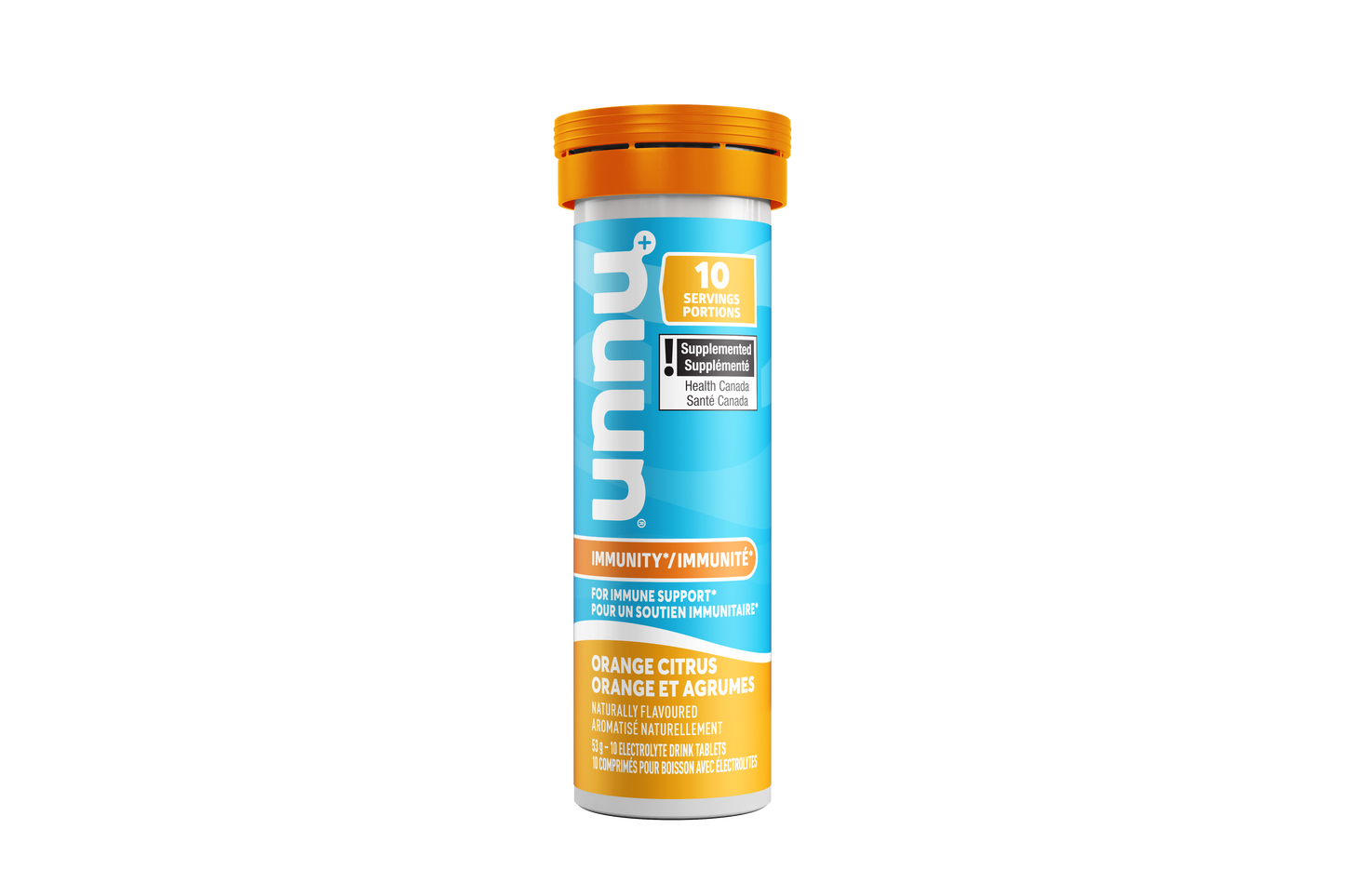 Nuun Immunity Supplement container with blue label and orange cap on a white background