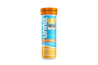Nuun Immunity Supplement container with blue label and orange cap on a white background