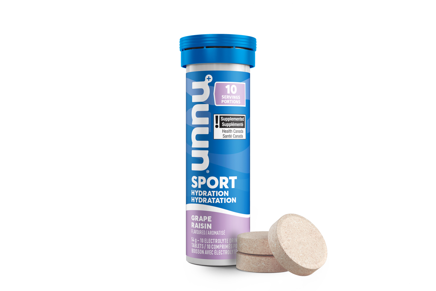 Nuun Grape Supplement container with blue lid and white body on a white background with 3 tablets