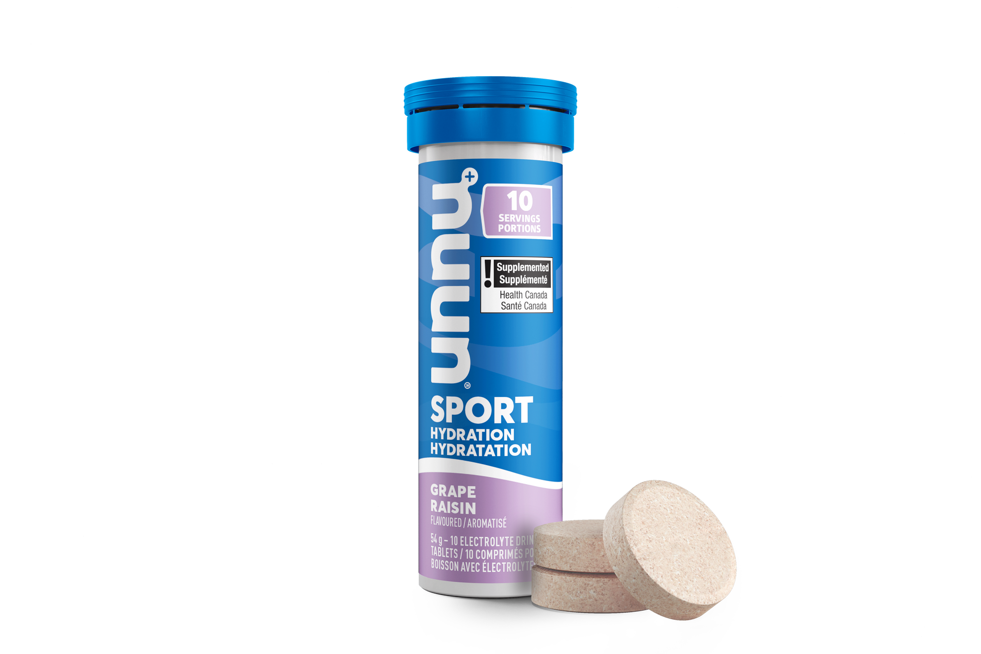 Nuun Grape Supplement container with blue lid and white body on a white background with 3 tablets