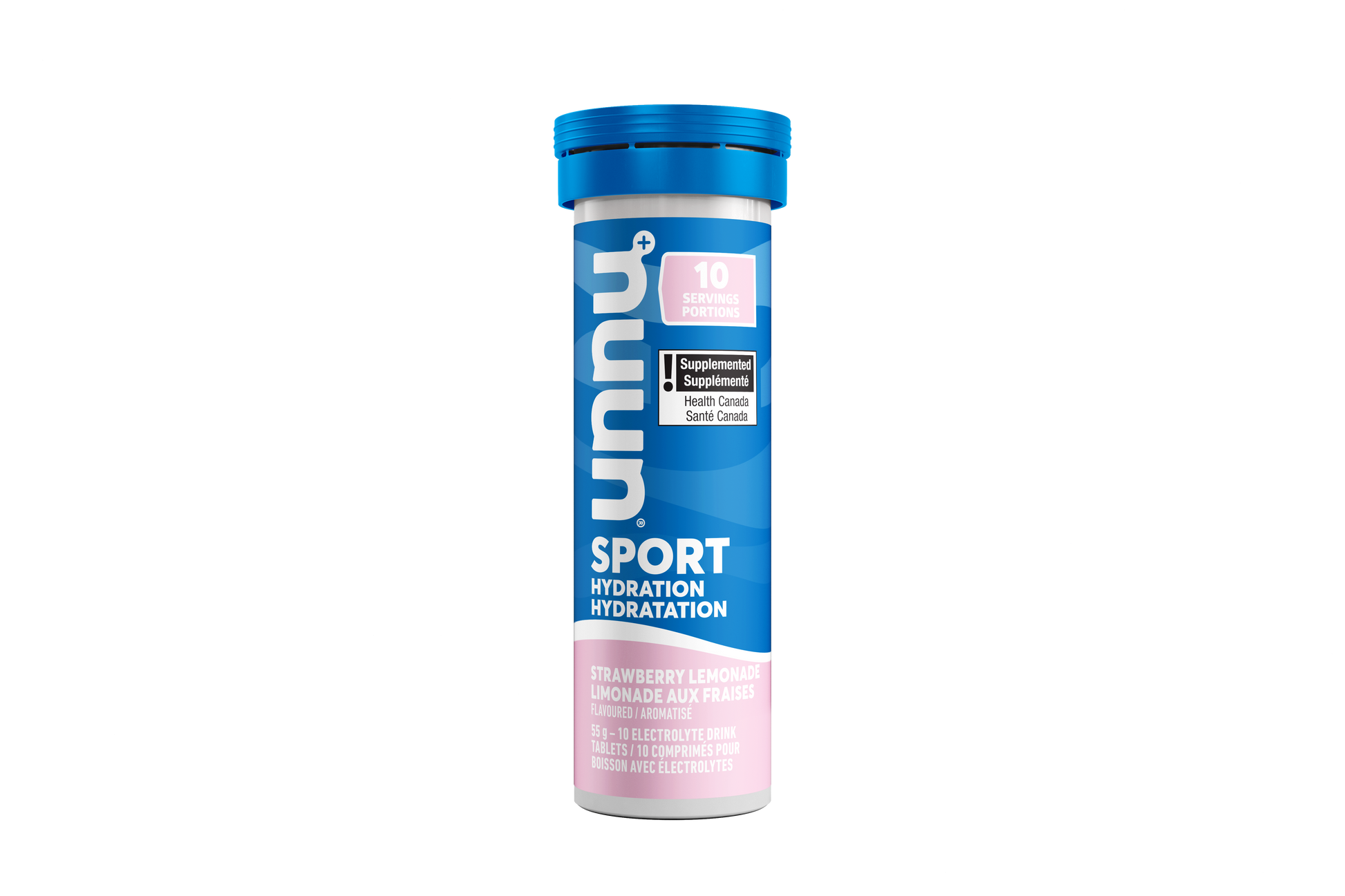 Blue and pink supplement container with 'nuun' Strawberry Lemonade Nuun branding on a white background