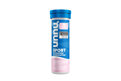 Blue and pink supplement container with 'nuun' Strawberry Lemonade Nuun branding on a white background