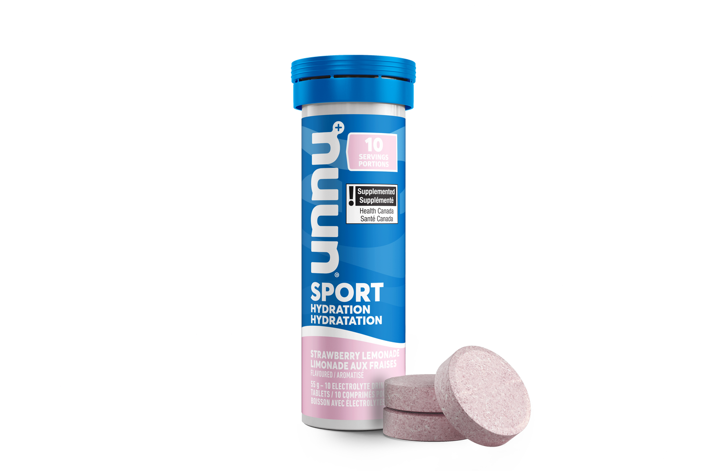Strawberry Lemonade Nuun supplement container with pink tablets on a white background