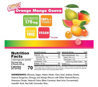 Colourful nutrition label of Bonk Breaker Energy Chews with OMG flavor, highlighting 70 calories.