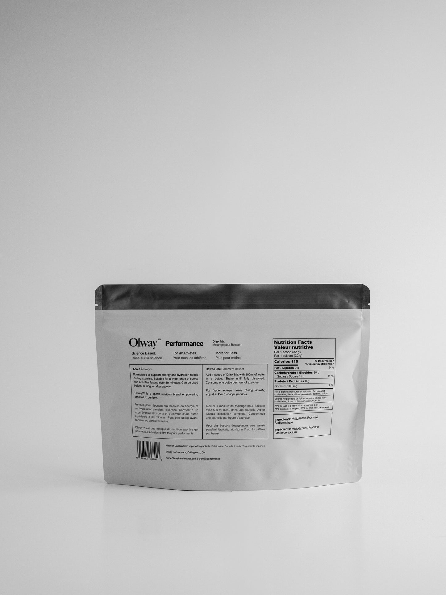 Back of Olway Performance Drink Mix 768g bag showing nutrition facts, ingredients, and mixing instructions for unflavoured endurance fuel