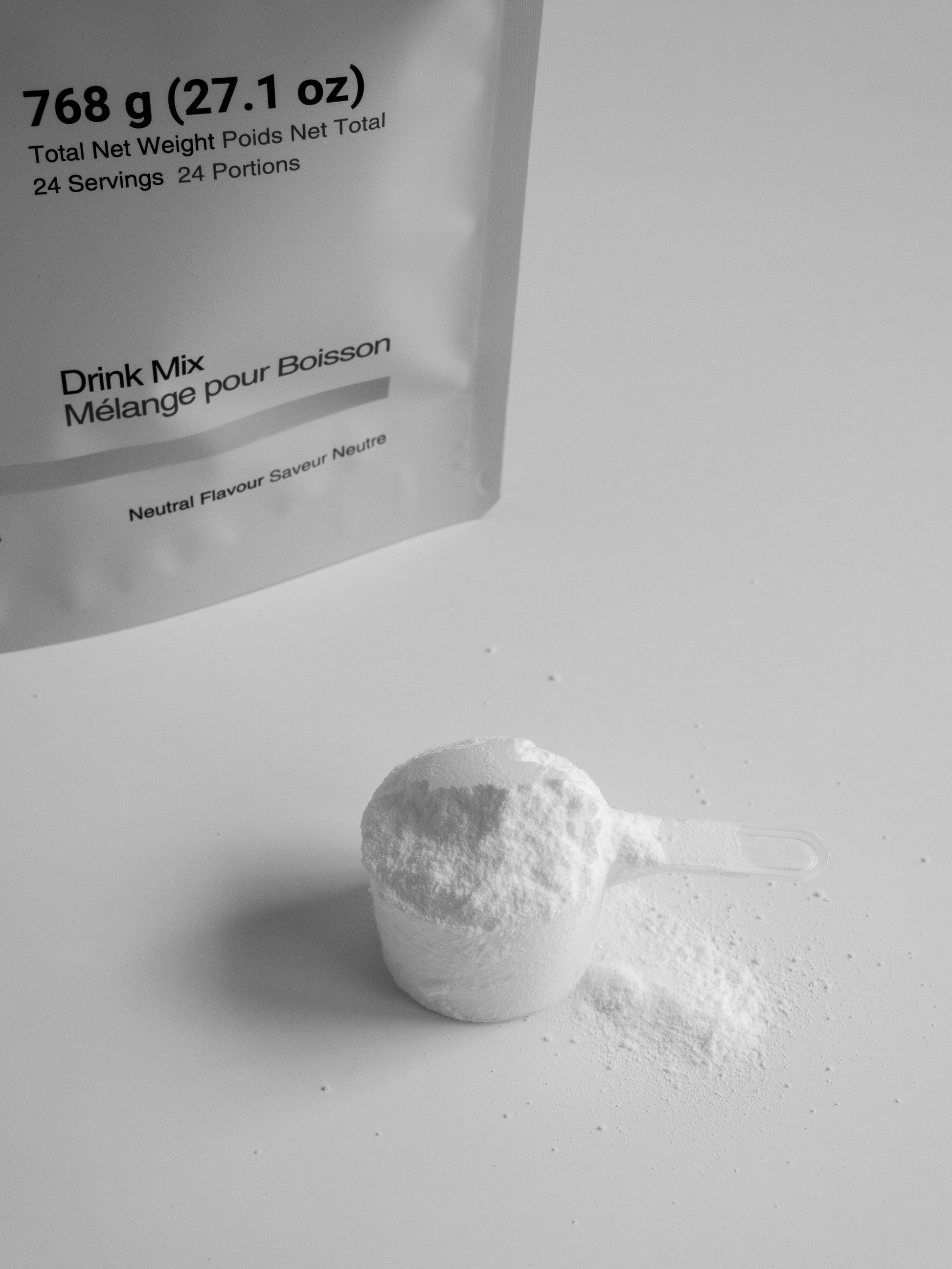 Olway Performance Drink Mix 768g bag with scoop of unflavoured powder beside it for endurance energy and hydration