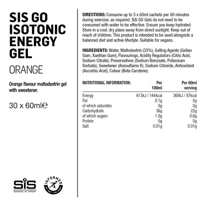 Label of SIS GO Isotonic Energy Gel for orange flavor with nutritional information and directions.