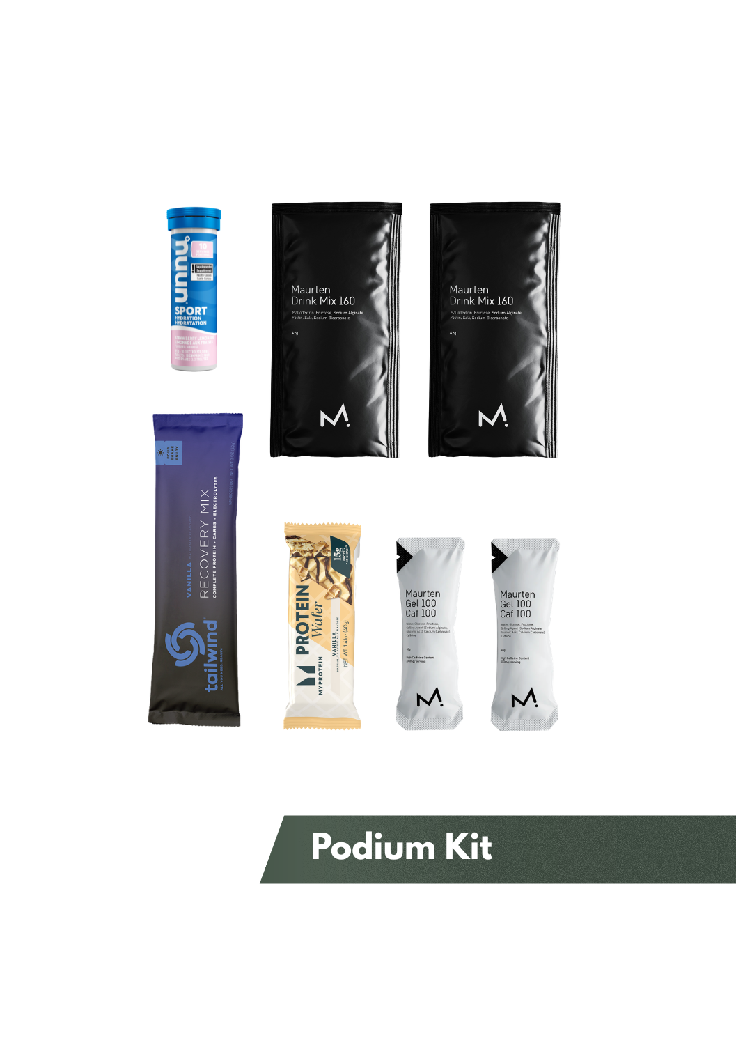 Example of products in the Podium Hybrid Simulation Nutrition Kit available at Fuel Kit