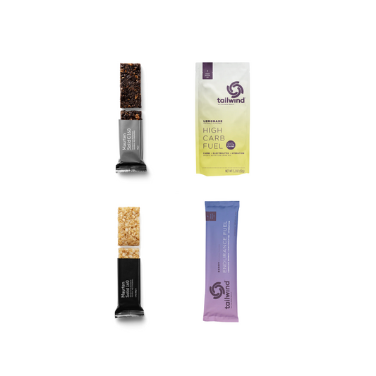 Tailwind High Carb Fuel and drink mix and Maurten Solid bars and packaging on a white background