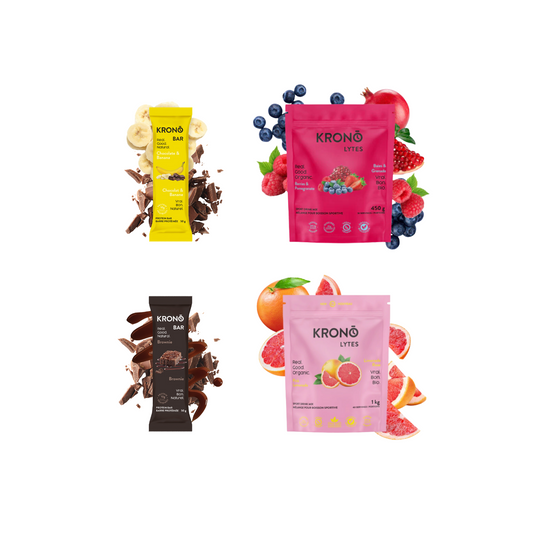 Four different KRONO products with colorful packaging and fruit illustrations on a white background
