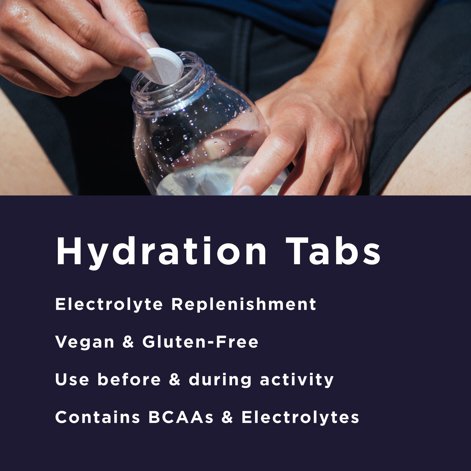 Person putting a Gu drink tab in a water bottle with accompanying text about the nutrition highlights