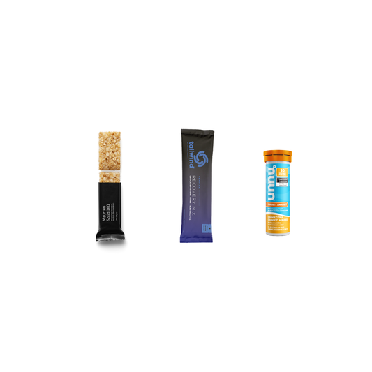Fuel Kit small Recovery Kit includes Maurten Solid 160 bar in oat flavour, Tailwind Recovery Mix in vanilla, and Nuun Immunity drink tabs