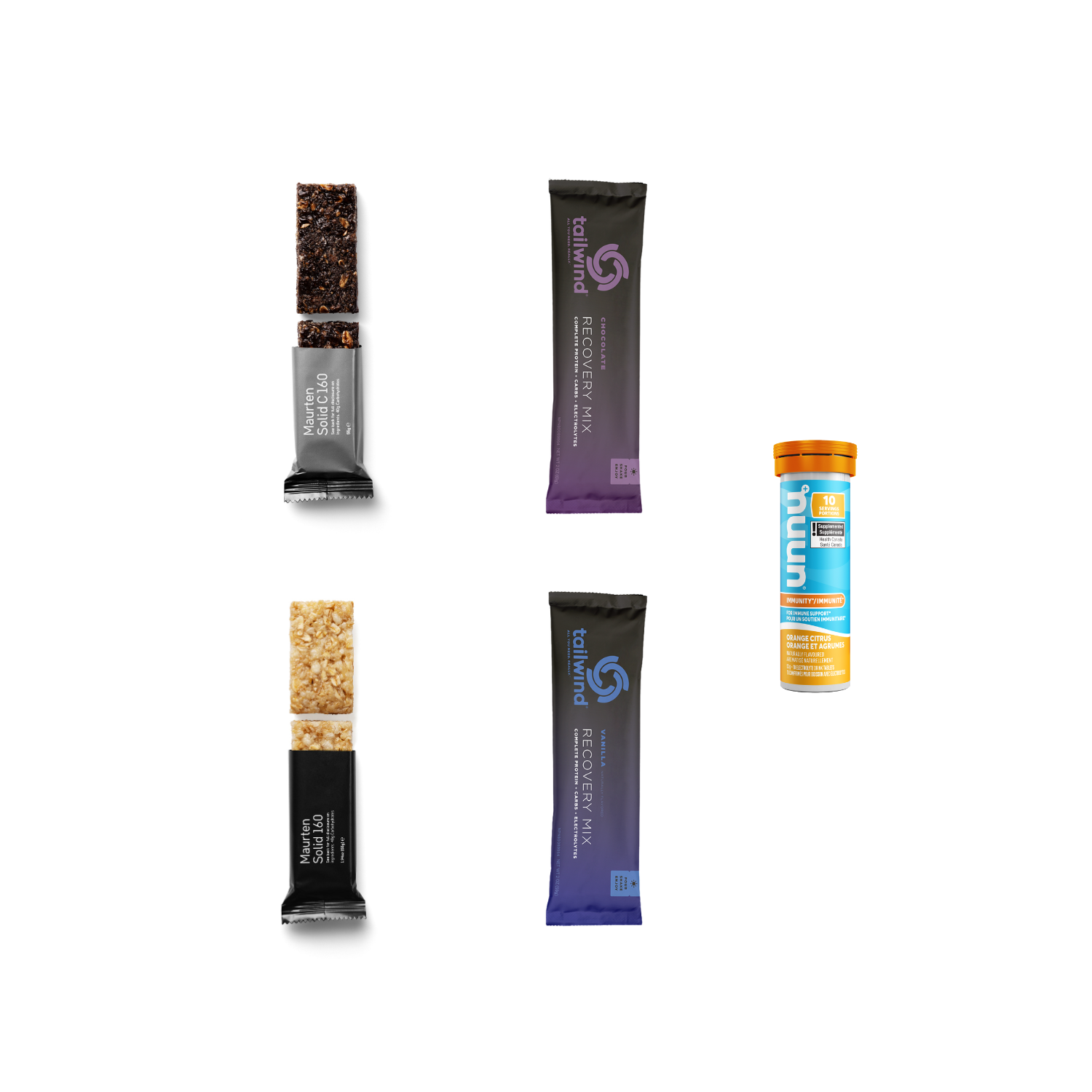 Fuel Kit large recovery kit includes Maurten Solid 160 bars oat and chocolate, Tailwind Recovery Mix in chocolate and vanilla, and Nuun Immunity drink tabs
