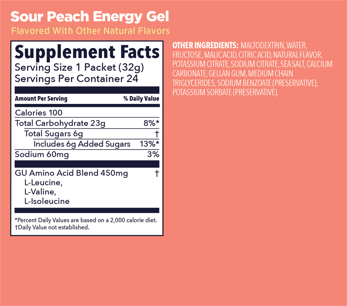 Supplement facts label for Sour Peach Gu Energy Gel on a pink background available at Fuel Kit