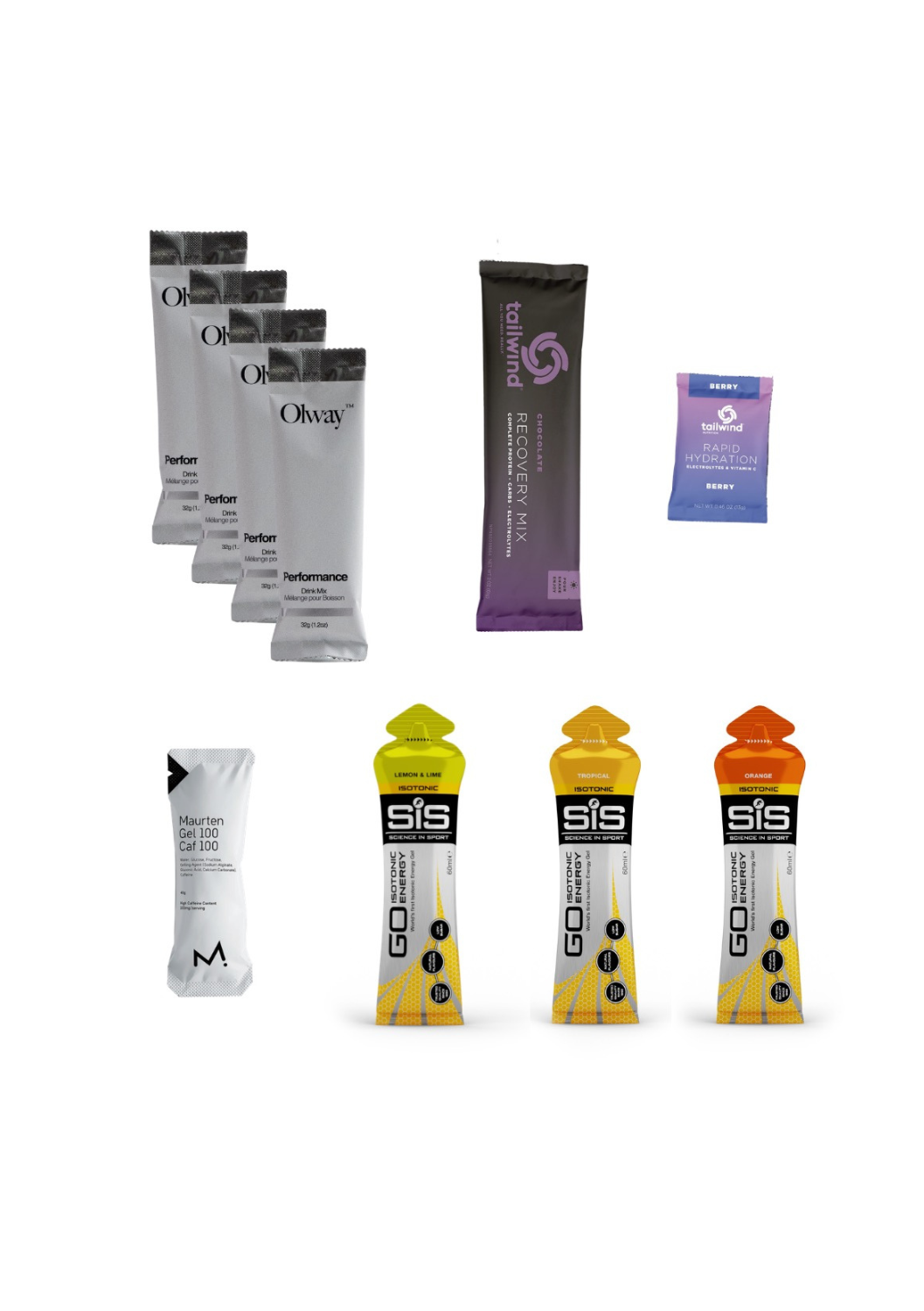Collection of various sports drink mixes on a white background featuring Fuel Kit's run and ride 3-hour kit