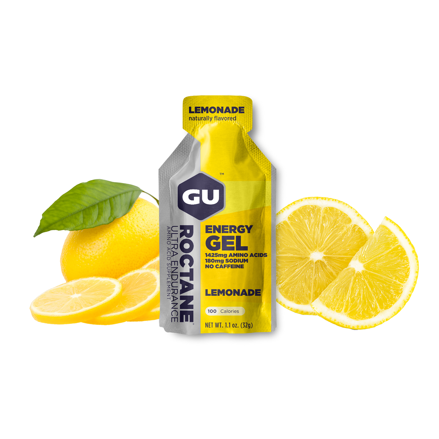 A packet of GU Roctane Energy Gel with lemonade flavor, accompanied by sliced lemons and a whole lemon on a white background.
